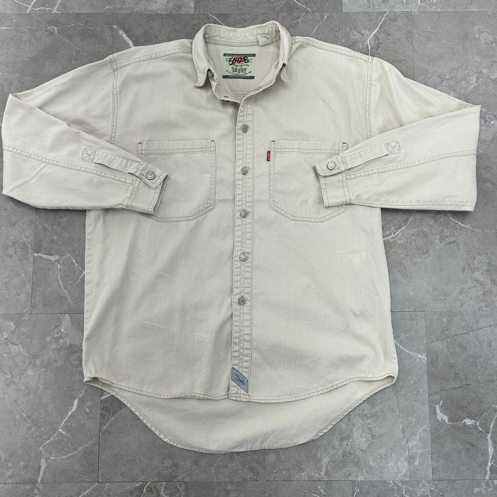 Vintage Levis Metal Button Shirt Mens Medium Cream Workwear Western Long Sleeve